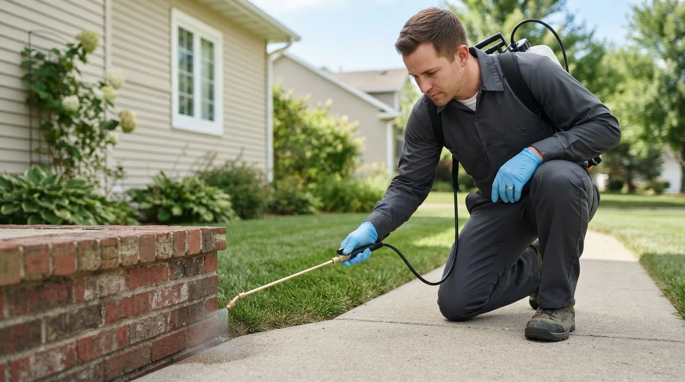 Pest control technician treating a home near New Brighton, PA